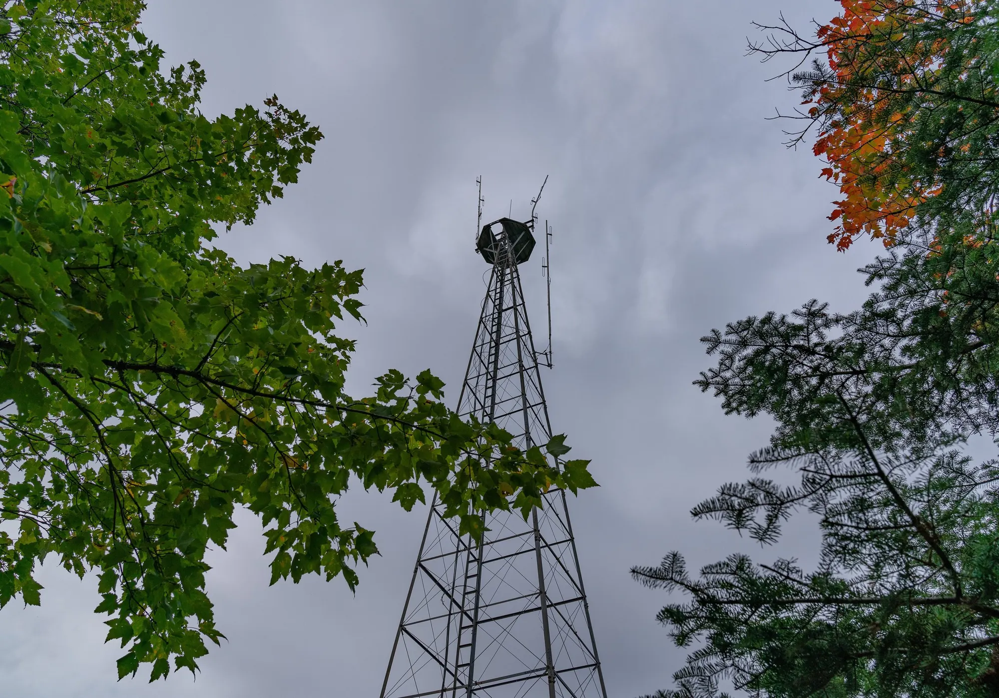 A tall public safety radio relay tower against the sky