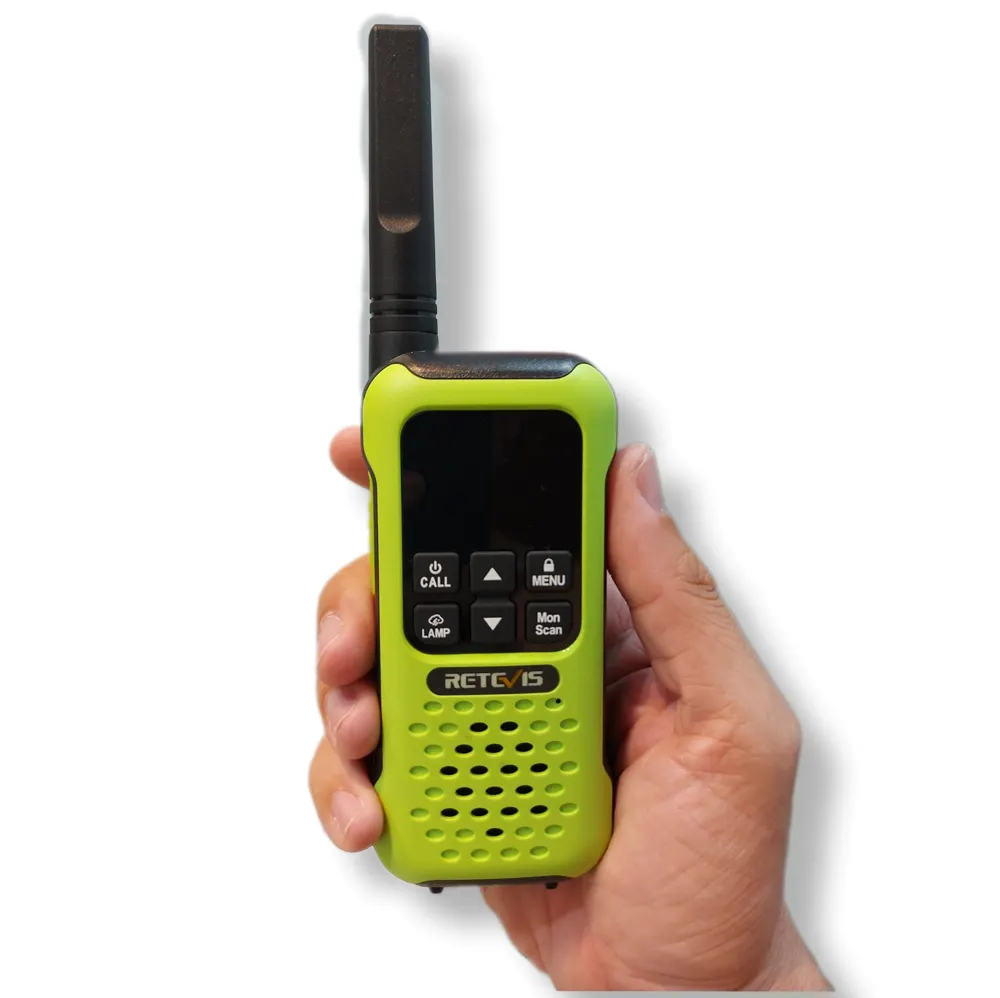 A green Retevis walkie-talkie held in one hand